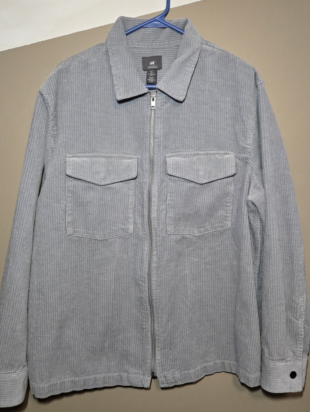 H&M Men's Corduroy Full Zip Overshirt Light Blue Grey Snap Pockets Size Large
